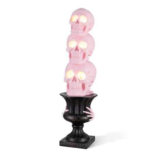 Glitzhome® 31.5" Halloween MGO Lighted Stacked Pink Skull with Black Urn Porch Decor with Timer